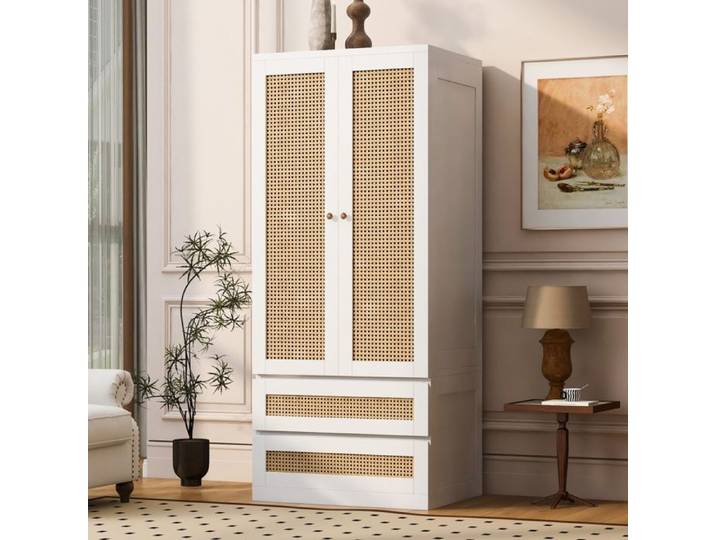 Armoire penderie - 70x55x170 cm - 2 portes aspect rotin tressé penderie et tiroirs - Bohème chic - Blanc