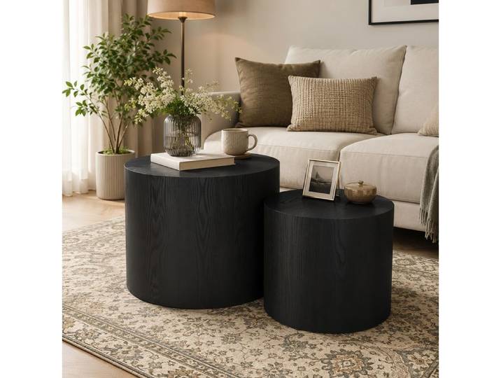Table basse ronde – Lot de 2 – MDF noir – Tables gigognes modernes – Sans montage