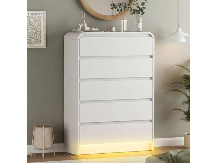 Kommode mit 5 Schubladen, Aufbewahrungsmöbel aus Holz, Kommode mit verstellbarer LED-Beleuchtung, Kommode für Schlafzimmer, Wohnzimmer und Eingangsbereich (Weiß + LED, 73 x 40 x 111 cm)