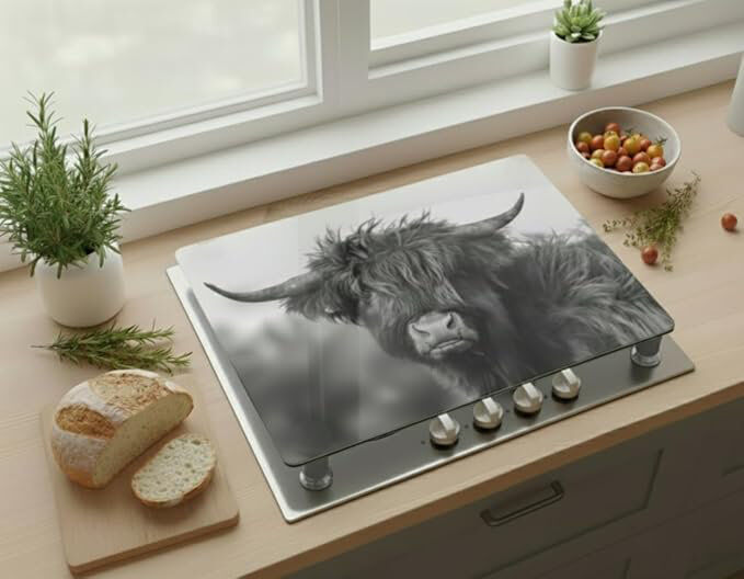 DEENZ Highland Cow Universal Hob Cover Plate 5 Mm Tempered Glass Black-White for All Types Cookers Kitchen Counter Decor Worktop Saver 4X Feet Chopping Boar Black 60cm W