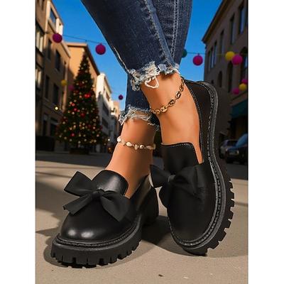 Burgunderrote Lackleder-Slipper mit Schleife – klobige Plateauschuhe für Freizeit, Alltag und die Weihnachtszeit