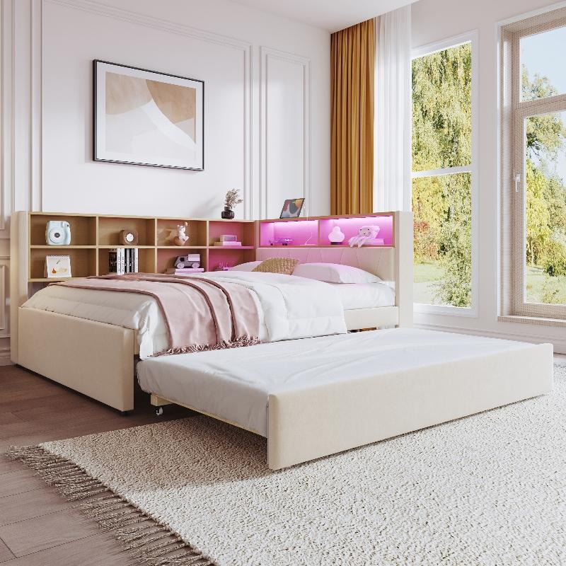 Schlafsofa 140x200cm mit Ausziehbett 90x190cm, LED-Beleuchtung, USB, Type-C und Steckdose, mehreren Ablagefächern, Flanell Beige