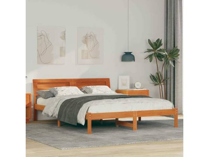 Massives Kiefernholz Plattformbettrahmen mit Kopfteil Minimalistisch Modern Bettrahmen Wachsbraun 150x200 cm Massives Kiefernholz Plattformbett mit Kopfteil und USB Anschluss