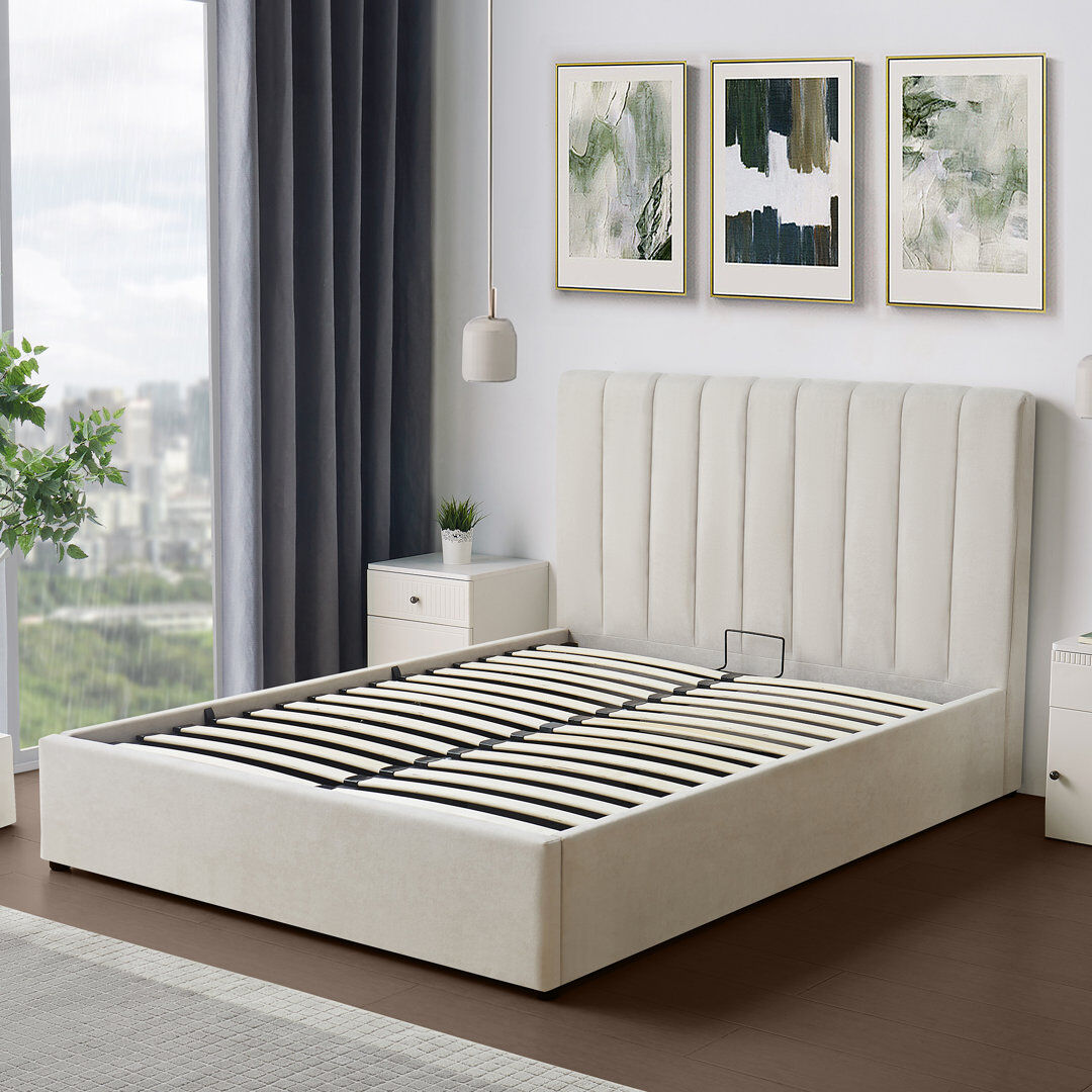 Latitude Run Evelynne Fabric Ottoman Bed Frame with Storage - Beige Double (4'6)
