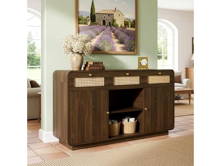 BTM Kommode Sideboard 120cm Nussbaum, Schubladenschrank mit Rattan & Goldgriffen, 3 Schubladen + 2 Schränke + offenes Regal, Höhenverstellbare Einlegeböden, H85/B120/T40 cm