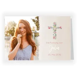 Einladungskarte Firmung: Blumen mit Foto in Creme