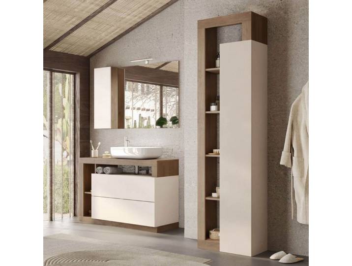 Ensemble meuble vasque 110cm + colonne Cachemire et aspect bois Mercure - ARTURO
