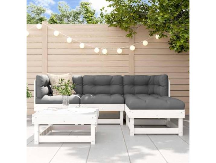 WDGJJFECNMUEHI Design à Lattes Bois pin massif Salon modulaire Blanc Salon de jardin 5 pcs blanc bois massif de pin ensemble modulable avec canapes et repose-pieds pour terrasse patio exterieur