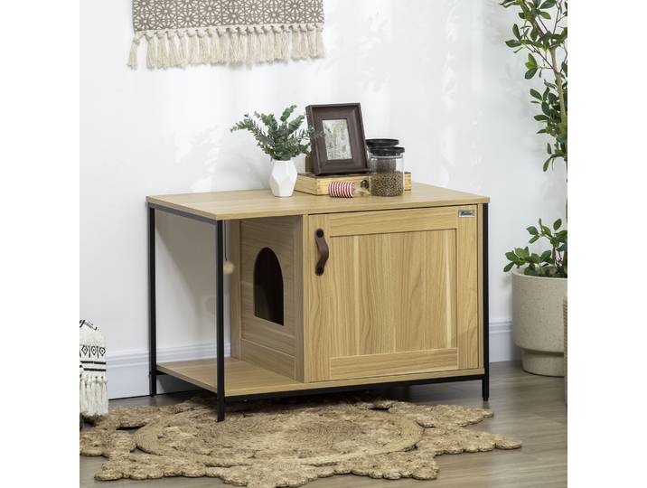 PawHut Toilette Chat Industriel Acier/Bois 40x40x77cm