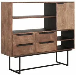 Highboard Odeon Teak, massives Teakholz und Metall, Industrial Stil, natur, 4 Schubladen, 1 Tür