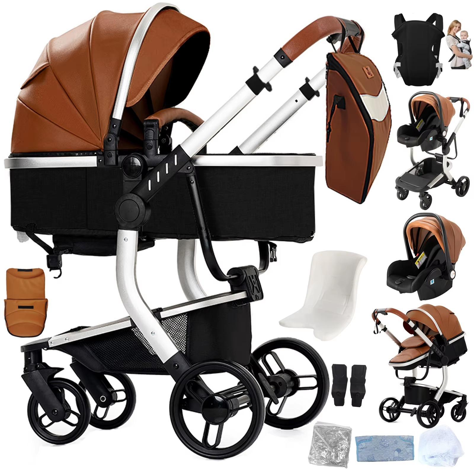 Luxus 3-in-1 Kinderwagen - X518 Kombikinderwagen - Wasserdichtes Kunstleder - Hohe Sitzposition - Wendeeinheit - Zusammenklappbar - Babyschale und Babywanne - Khaki