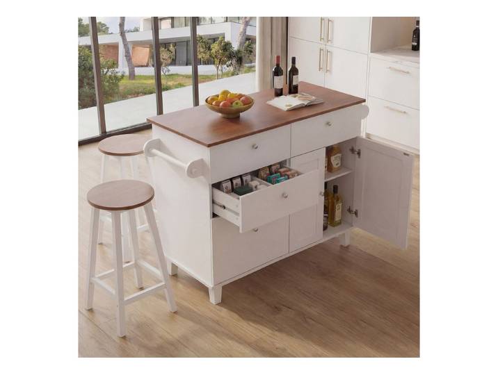 MCW Kücheninsel MCW-P62, Tischplatte mit Struktur, Ausreichend Stauraum, Hocker mit Fußablage