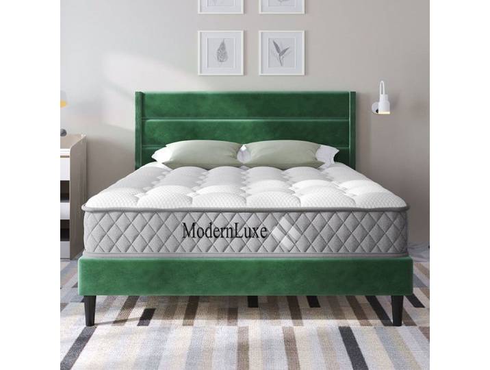 Lit double rembourré - Matelas inclus - 140x200 cm - Velours vert foncé - Design moderne