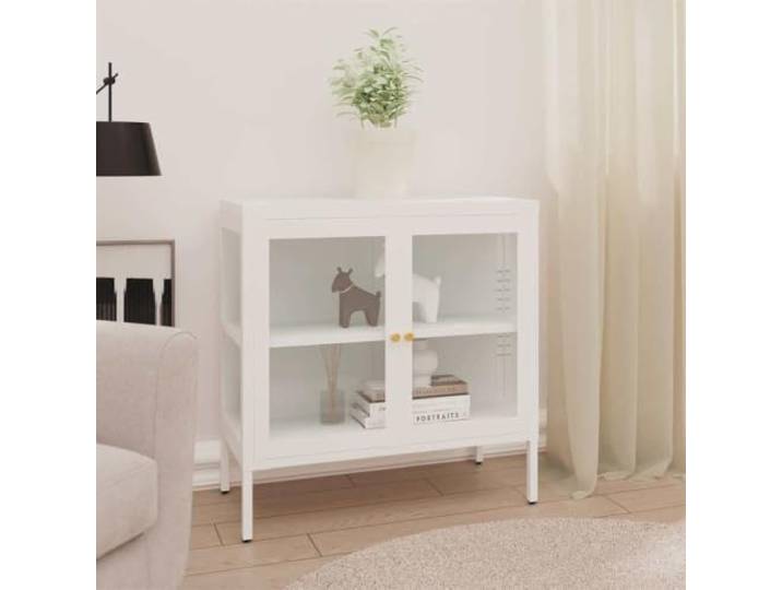Stilvolles Sideboard aus Stahl und Glas mit verstellbaren Regalen und Elegantes Design für viel Stauraum, Weiß 70x35x70 cm, Elegantes Sideboard mit Glastüren und Stahlkonstruktion