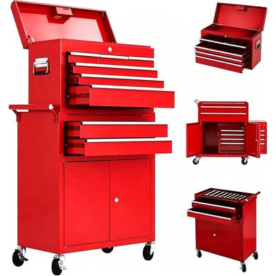 Garvee 2-in-1 8-Drawer Rolling Tool Chest and Cabinet, Mobile Metal Toolbox Organizer Storage for Garage, Workshop, Red