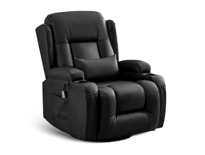 LIFTSHA Relaxsessel mit Liegefunktion, Massagesessel mit Wärmefunktion, 360° Drehbarer Fernsehsessel Wohnzimmer, Schaukelstuhl mit Kissen/Seitentaschen/Getränkehalter (Schwarz)