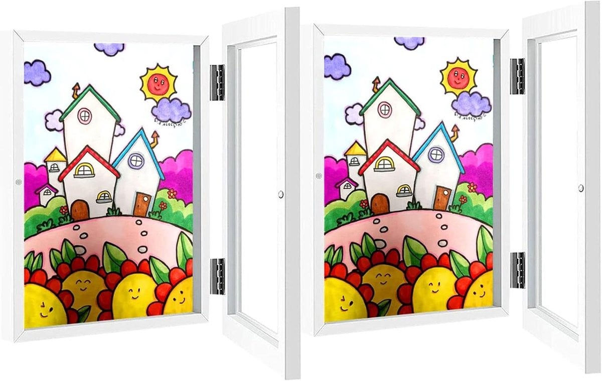 Kinderkunstframe Tekeninghouder Lijst met Dubbele Elastische Band - Houtkleur - 26 x 35 cm