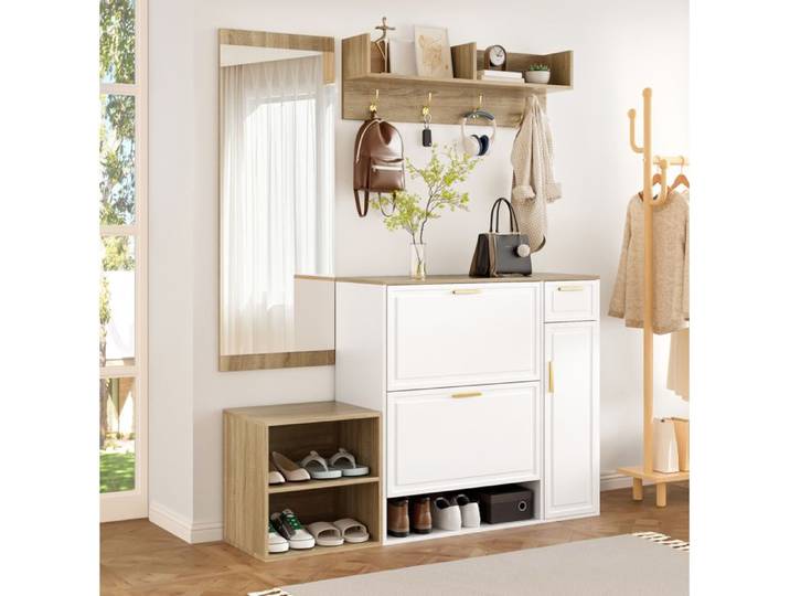 ROVRYN Ensemble vestiaire 4 pieces 139 5 x 35 x 166 cm meuble d'entree blanc et naturel en panneaux de particules