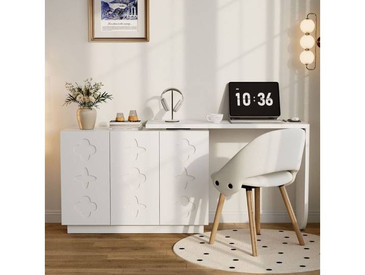 Bureau Rotatif 360° avec Armoires de Rangement - avec Clayettes Réglables et Fermeture Amortie - pour Bureau-blanc