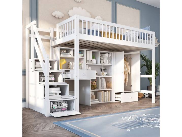 DRIPEX Lit superposé 90×200cm multifonctionnel Lit d'enfant avec bureau escalier casiers armoire de rangement Blanc