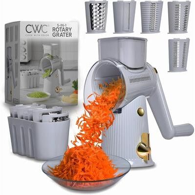 COOK WITH COLOR Rotary Cheese Grater with Handle Counter Suction Base 5 Blade Cheese Shredder Vegetable Chopper and Mandolin