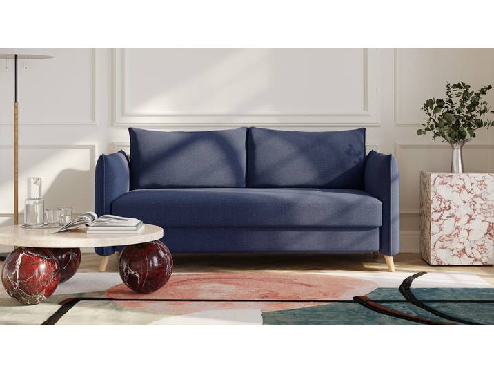 BRUNO Schlafsofa 160cm in Blau Pillow stabiles Massivholz & Boxspringkomfort