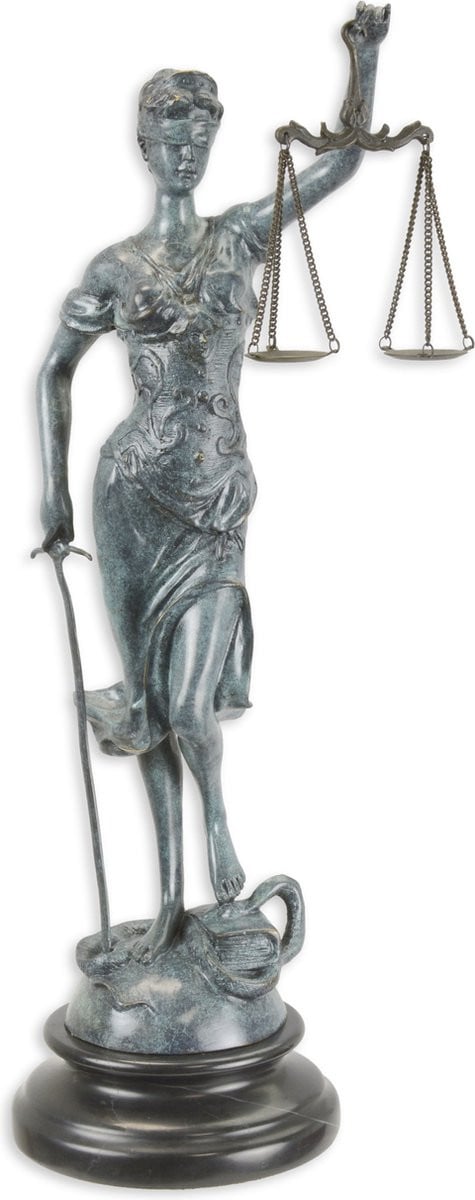 Bronzen beeld Vrouwe Justitia met groengrijze afwerking, Hoogte: 40,2 cm