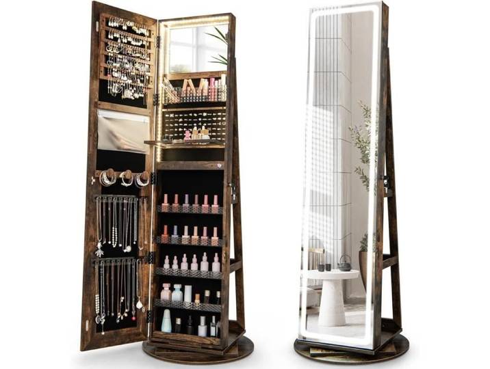 COSTWAY Armoire à Bijoux sur Pieds avec LED et Miroir Pivotant 360° Verrouillable 3 Étagères Rangement Beauté Bijoux Marron