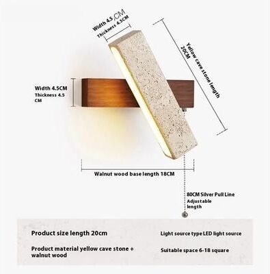 Useful Little Things Japanese Wabi Sabi Yellow Travertine LED Wall Light With Pull Chain Switch And Rotatable Wooden Base walnut With Chain warm Light 3000k