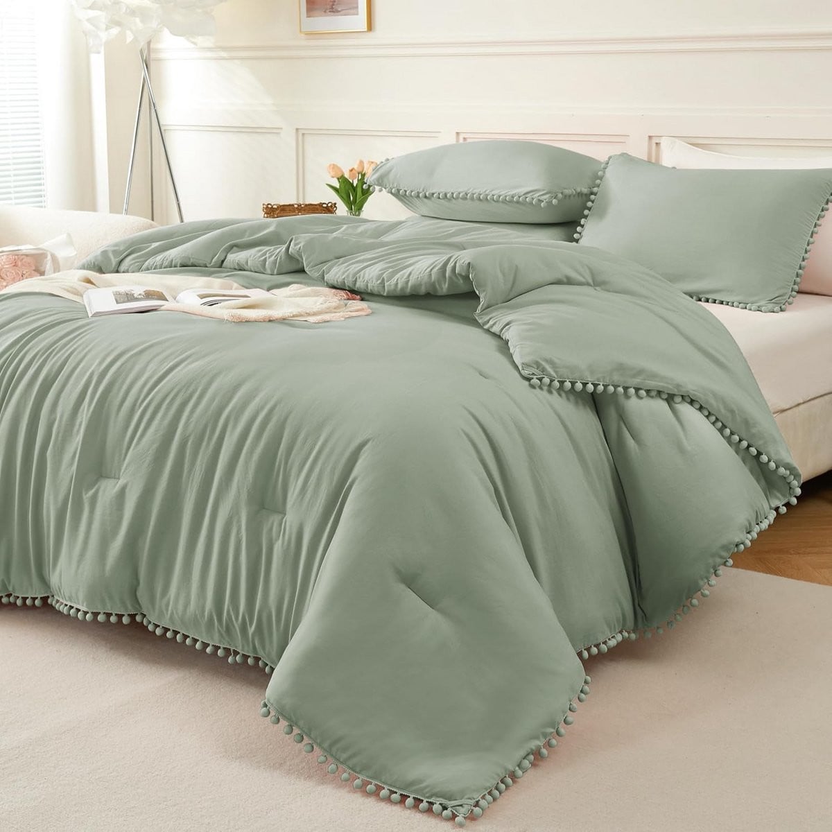 3-delige saliegroene Pompon Fringe dekbedset in boho stijl voor volwassenen (Cal King)
