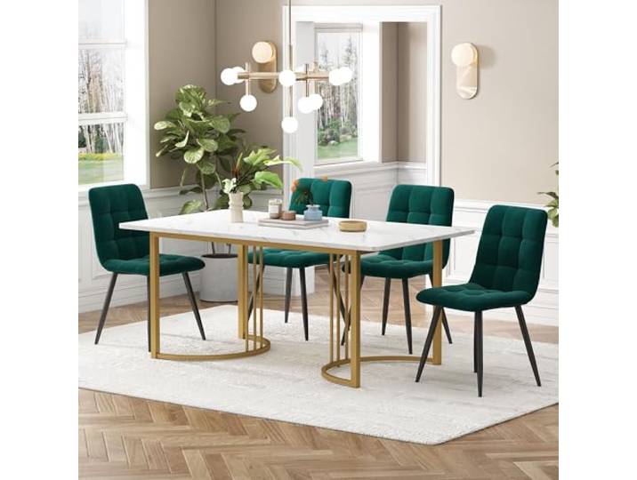 KUAKE Esstisch-Set 140x80 cm mit 4 Stühlen, Essgruppe aus Samt, Küchen-Esstisch für Zuhause & Familie, Gold Metall Tischbeine (Dunkelgrün-A)