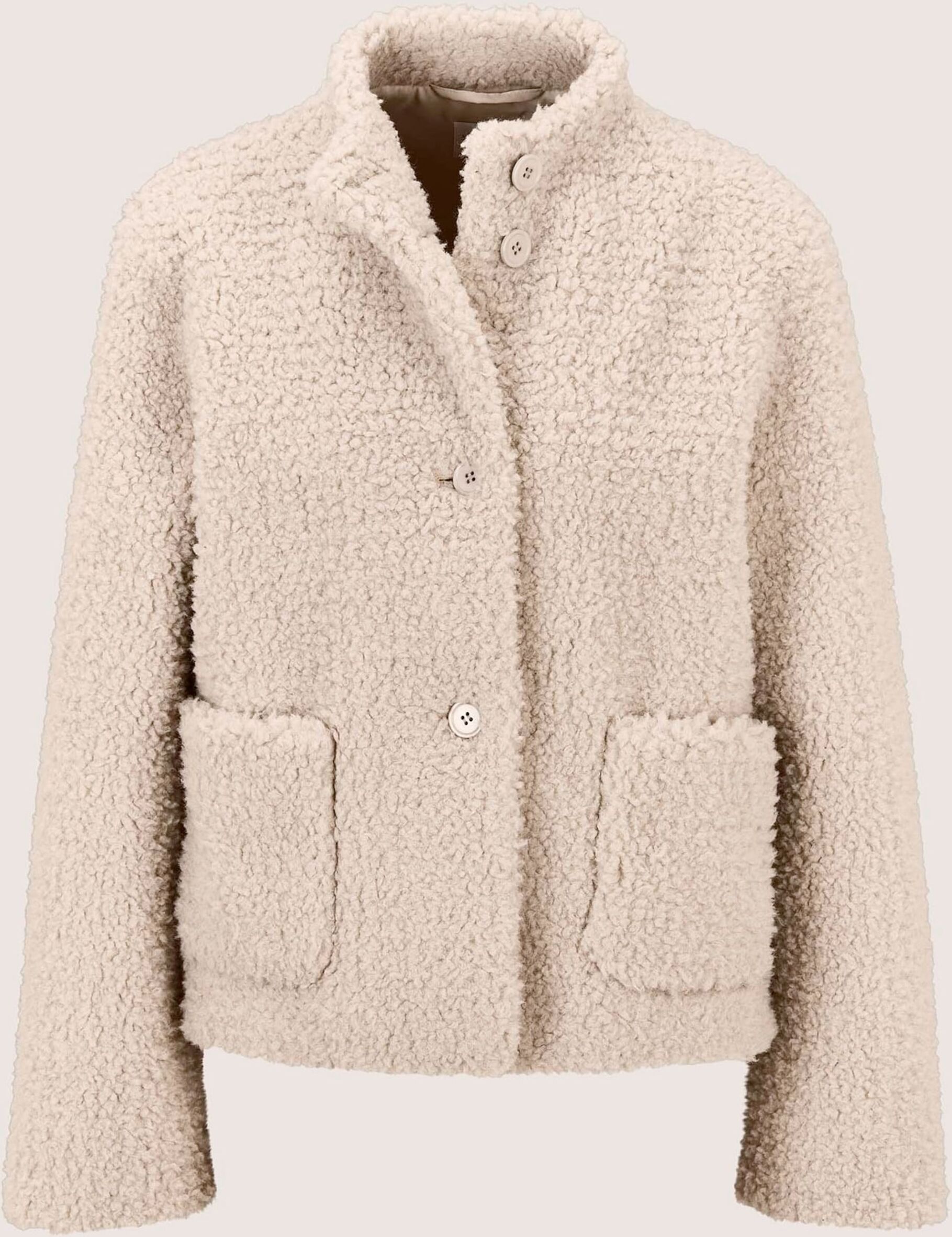 Kurzjacke MADELEINE "Jacke Kurze Teddy-Jacke", Damen, Gr. 38, beige (cappuccino), Modern, regular fit, hoch geschlossener Ausschnitt, Jacken Kurzjacke