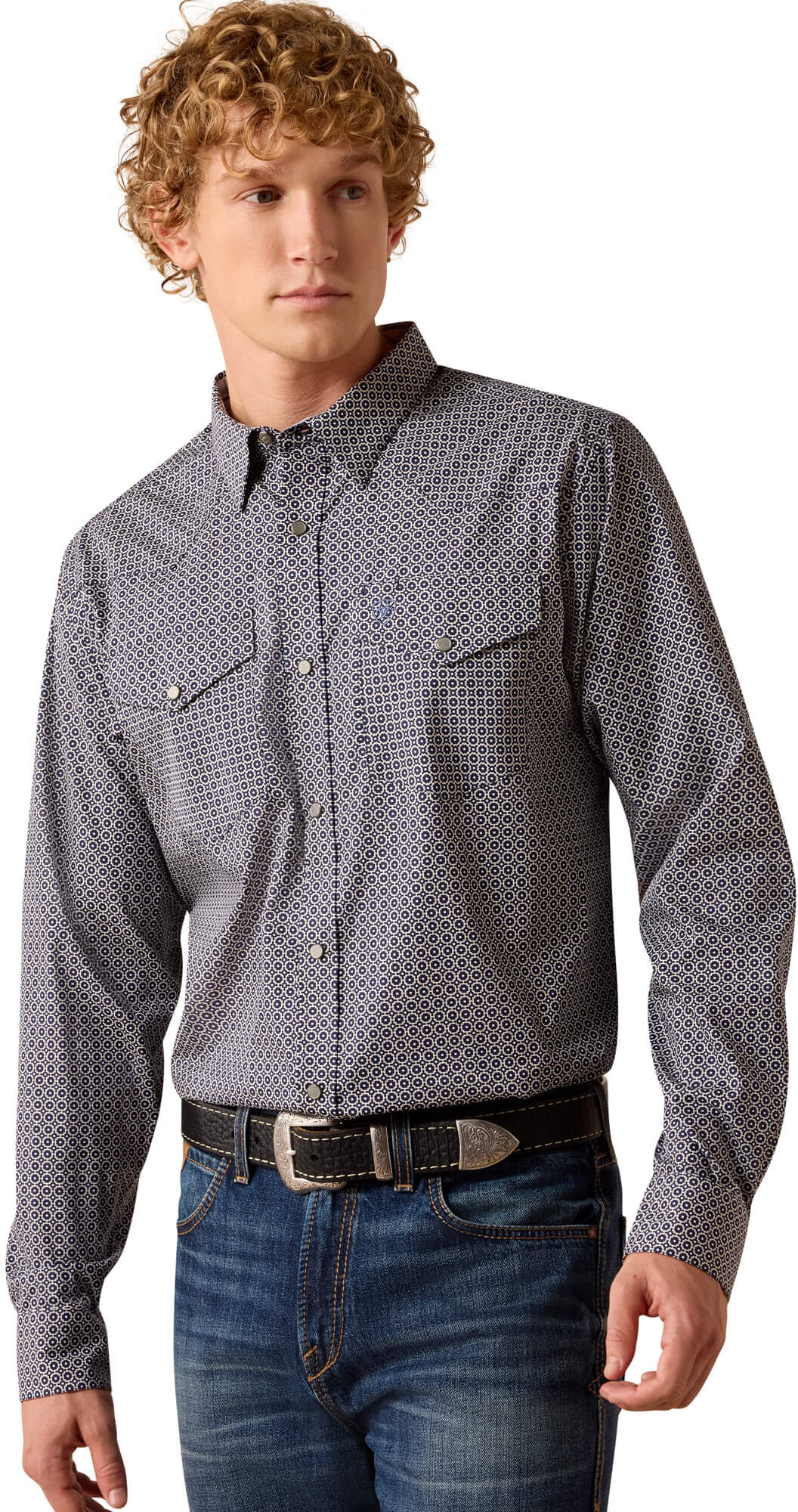 Men's Wrinkle Free Dennis Fitted Snap Shirt in Navy Geo Print Cotton, Size: XS by Ariat