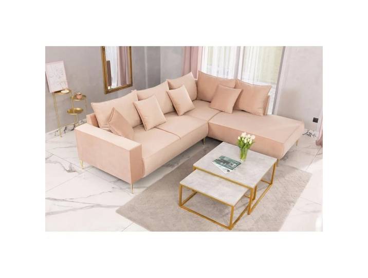 Muffo Ecksofa MONTE, Sitz aus HR-Schaum, hohe goldene Metallbeine, große Anzahl von Zierkissen