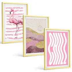 BILDER SET 3er Set - 40x60 cm Goldrahmen - Pastelllandschaft mit rosa Flamingos