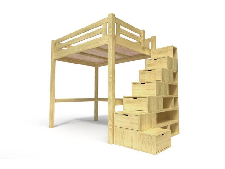 Lit Mezzanine adulte bois 120x200 Alpage hauteur réglable + escalier cube 120x200 Miel