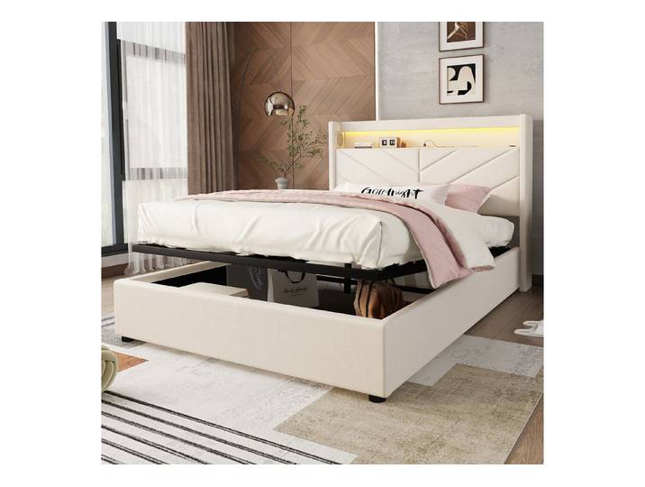 Flieks Polsterbett, LED Hydraulisches Doppelbett 140x190cm mit USB-Laden und Stereoanlage