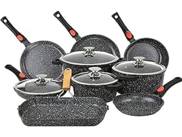 Kamberg 0008163 Topfset 24-teilig, Aluguss, Steinbeschichtung, für alle Herde, auch Induktionsherde, abnehmbarer Stiel, PFOA frei, 52 x 43 x 3 cm