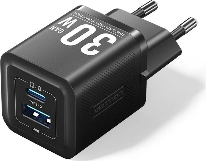 Vention 2-Port USB (C + A) GaN Charger (30W/30W) EU-Plug Black