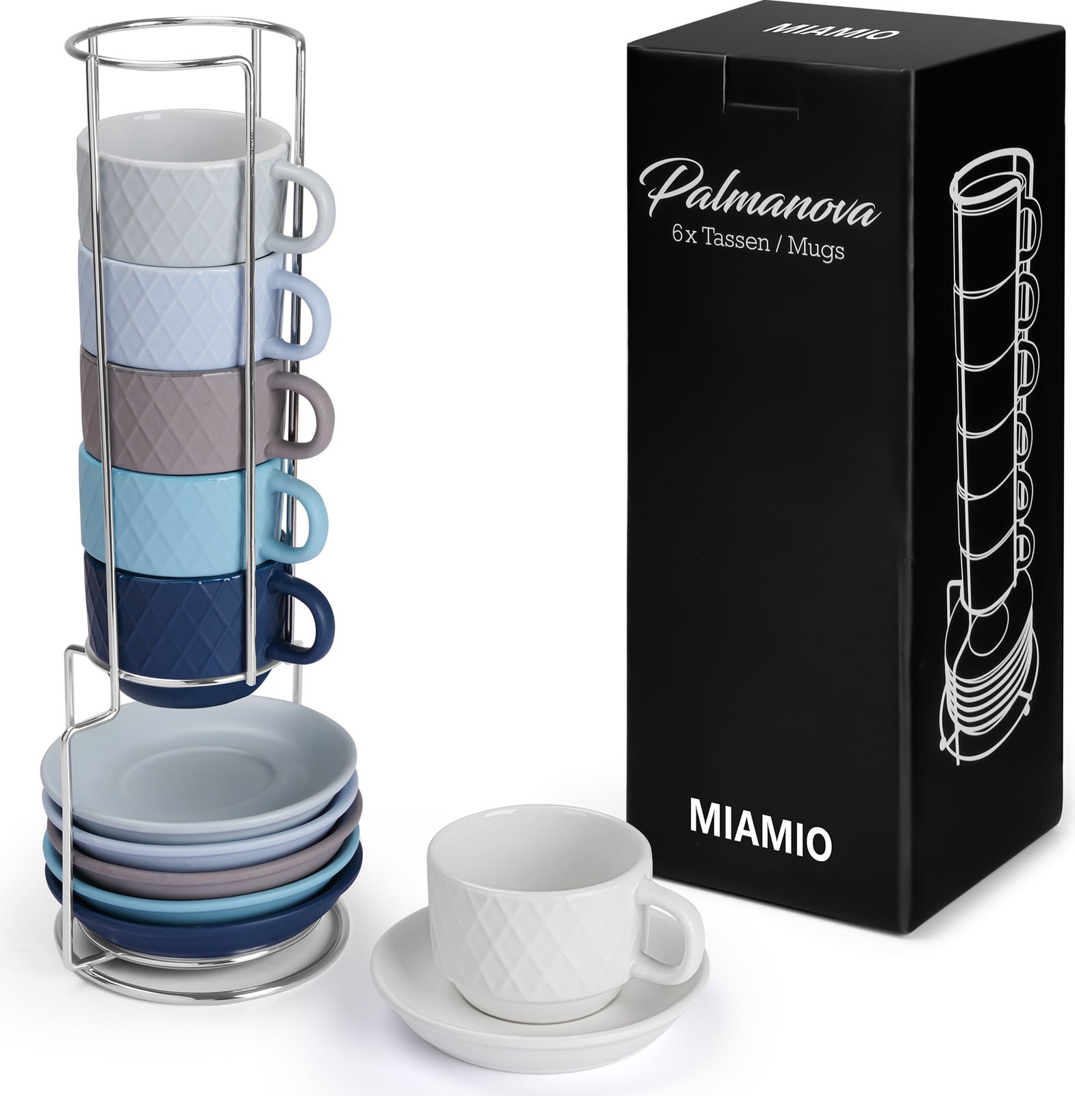 MiaMio Set van 6 espressotassen van 75 ml met standaard, steengoed keramiek, Palmanova collectie Ocean