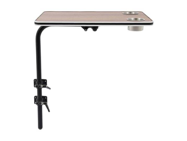 Salmeee RV Tischbein-Set, 360° drehbar mit Tischplatte & 2 Getränkehaltern Aluminium+Holz, höhenverstellbar, 60x40cm Tischplatte, für Kastenwagen & Camper – stabil & wackelfrei