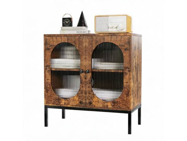 Vielseitiger Aufbewahrungsschrank aus Holz – Sideboard mit Changhong-Glas und Rattan-Türen – 2 Glastüren & verstellbares Regal, klassisch-Design für Flur, Wohnzimmer, Esszimmer, Küche – klassisch