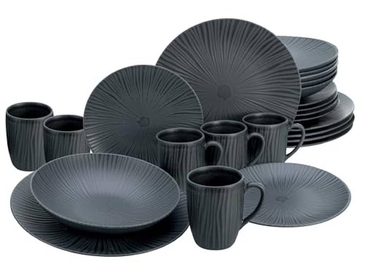 CreaTable\, 24413 - Série Vesuvio Black - Service de table 24 pièces pour 6 personnes - En grès - Passe au lave-vaisselle et au micro-ondes - Fabriqué au Portugal