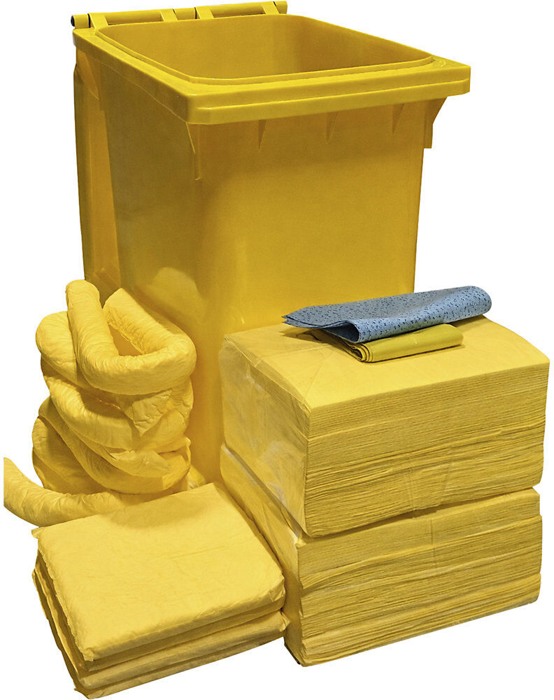 Leckage-Notfallset in Rollcontainer, Bindung 300 l, Ausführung Chemikalien, gelb eurokraft basic