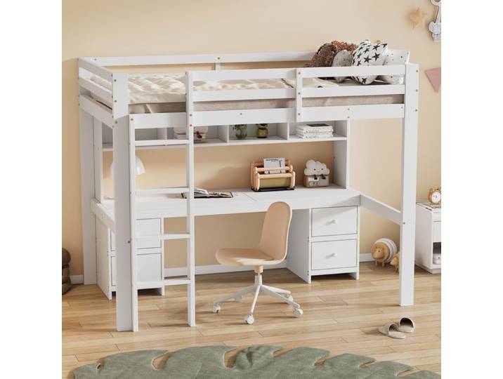 lit adulte 90 par 200 avec bureau intégré rangement bois pin blanc chambre couchage EVRYAE
