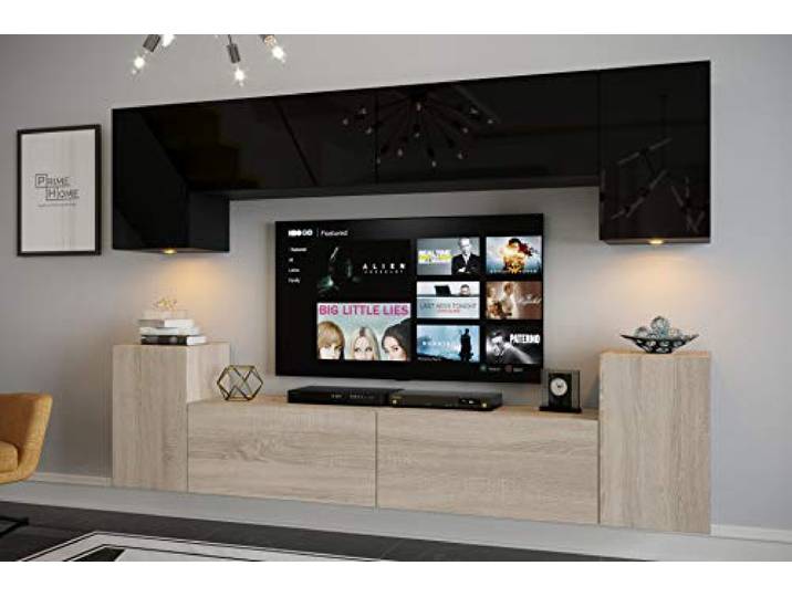 Furnitech Wohnwand Wohnzimmer - Hängend Wohnwand Modern Schrankwand mit Regale und TV Schrank - Wohnzimmer Möbel (Nicole AN294-18BS-HG8)