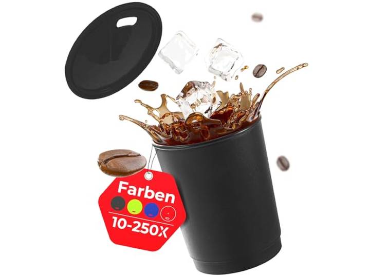 achilles Kaffeebecher mit Deckel, Kunststoffbecher, Mehrwegbecher, Trinkbecher, LFGB geprüft, spülmaschinenfest, stapelbar, 330 ml, Becher schwarz, Deckel schwarz, 100 Stk.
