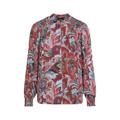 Schlupfbluse GOLDNER "Satin-Schlupfbluse mit Blumendruck", Damen, Gr. 44, rot (rot, gemustert), Obermaterial: 100% Viskose CV., figurumspielend, Gummibund, Blusen Schlupfbluse, gesmokte Schulterpartie