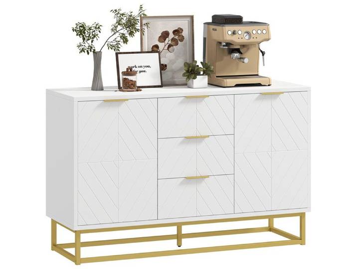 Buffet design contemporain graphique 2 placards porte étagères réglables 3 tiroirs coulissants MDF blanc métal doré