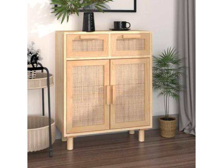HEFZGDB Sideboard aus Kiefernholz mit Naturmaterialien in Braun mit Schubladen und Fächern, Stabiles Sideboard mit großer Staukapazität, mit Rattanfronten und Massivholzbeinen 60x30x75cm